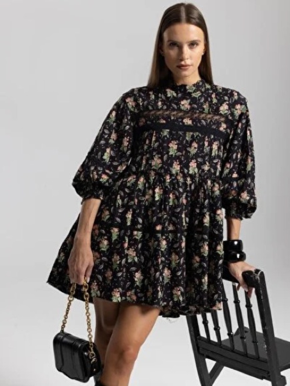 Anthropologie Pilcro Mock Neck Swing Mini Dress Black Floral Size S